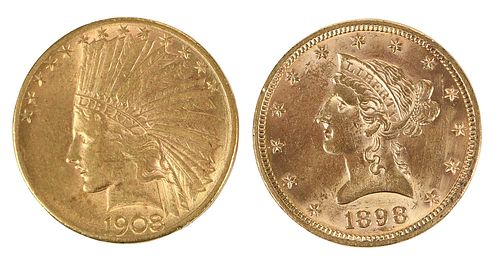 Two $10 Gold Coins, Liberty Head and Indian Head 