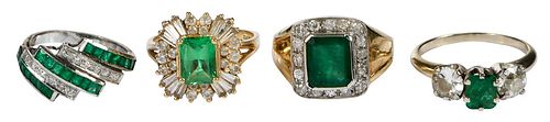 Four Rings with Diamonds, Emeralds,  Green Spinel and Cubic Zirconia