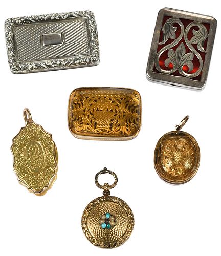 Five Gold or Sterling Vinaigrettes and a Sterling Stamp Box