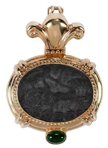 14kt. Revival Agate Intaglio Pendant with Green Tourmaline 