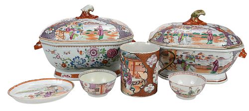 Group of Six Chinese Export Rose Mandarin Porcelain Objects