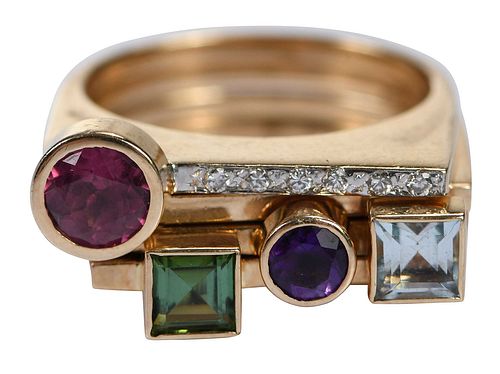14kt. Four Stackable Diamond and Gemstones Ring