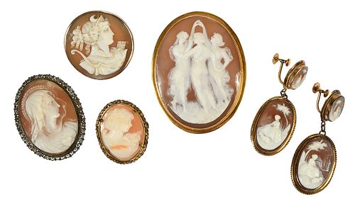 Group of Cameos: Earrings, Pendant, and Brooches