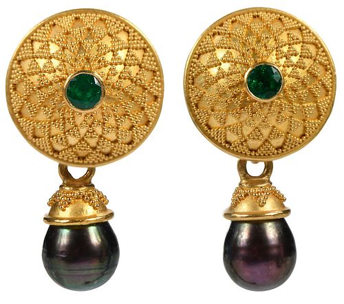 22kt. Black Baroque Tahitian Pearl Drop Earrings With Emerald