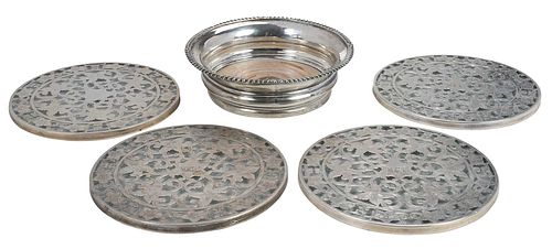 English Silver Wine Coaster and Four Sterling and Glass Trivets/Coasters