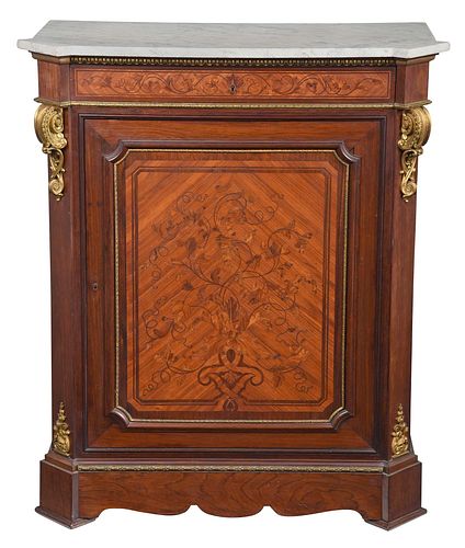 Louis Philippe Marquetry Inlaid Brass Mounted Marble Top Cabinet