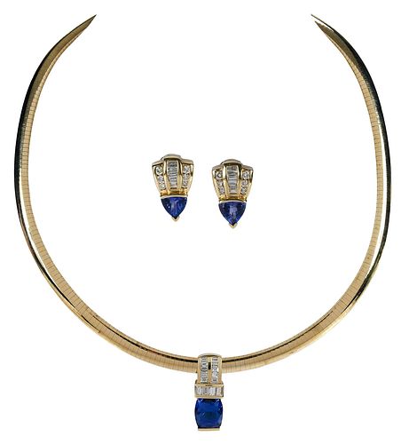 Omega Necklace, Tanzanite and Baguette Diamonds Slider and Earrings