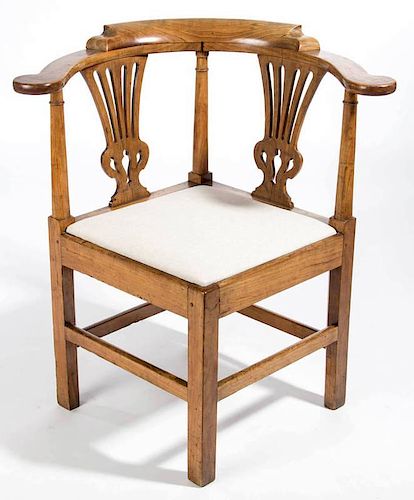 RARE AND IMPORTANT PETERSBURG, VIRGINIA CHIPPENDALE CARVED CHERRY OR APPLEWOOD CORNER / SMOKING CHAIR