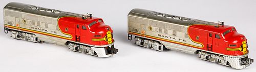 Two Lionel 2333 0 gauge Santa Fe train locomotives