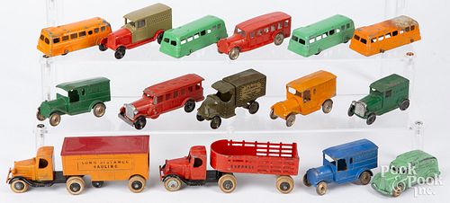 Fifteen Tootsie Toy delivery trucks and busses