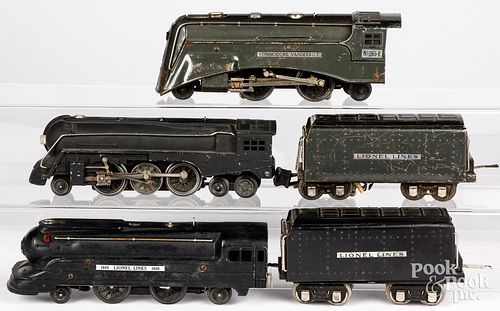 Five Lionel locomotives and tenders, 0 gauge