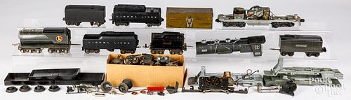 Group of train cars, parts, etc.