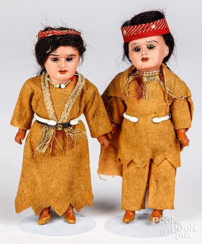 Pair of German bisque Native American Indian dolls