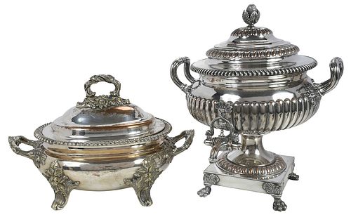 Two Pieces Old Sheffield Plate Silver, Hot Water Urn and Tureen