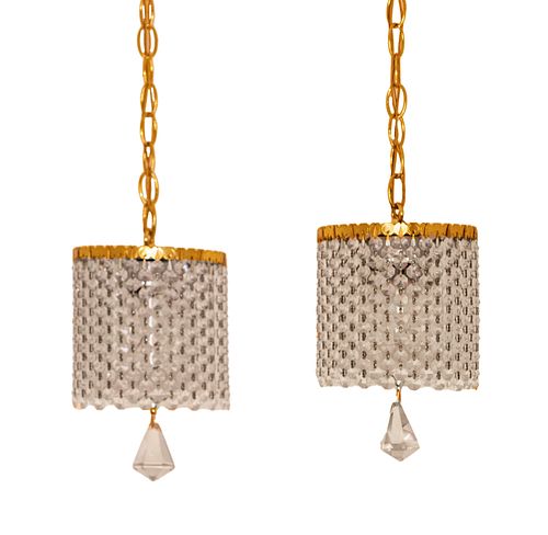Mid-Century Modern Crystal And Gilt Metal Drum Chandeliers Pair H 10'' Dia. 6.5''