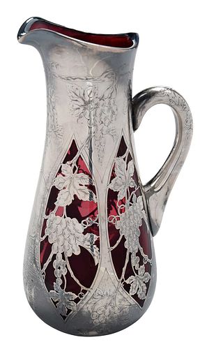 Alvin Silver Overlay Red Glass Pitcher