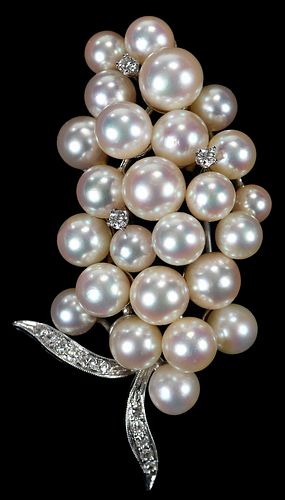 14kt. Pearl and Diamond Grape Motif Brooch