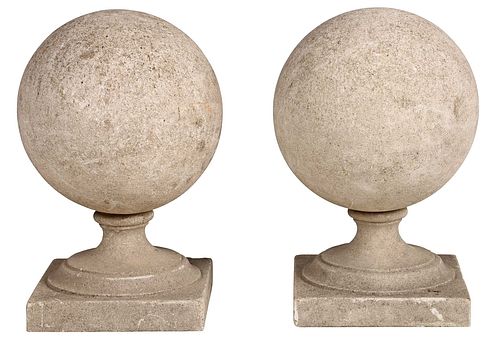 Pair Cast Stone Ball Finials on Socles