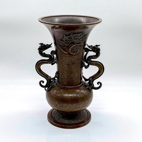 Antique Chinese Bronze Gu Vase with Shenlong Handles
