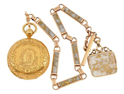 Large Gold Pocket Watch With Chain & Fob.