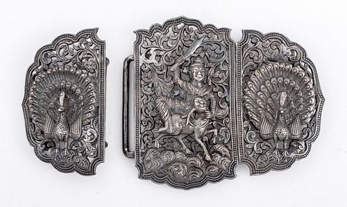 Antique Siam Thai Figural Silver Hinge Belt Buckle