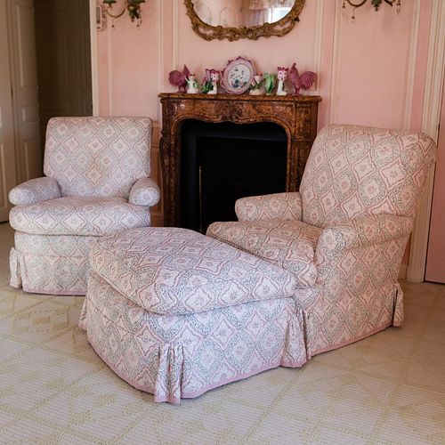 Pair of Printed Linen Upholstered Club Chairs and Matching Ottoman