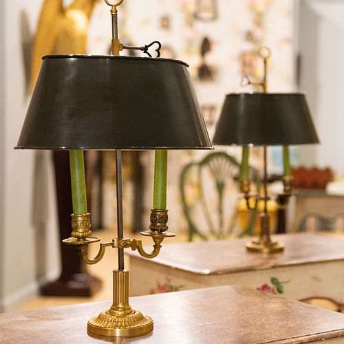 Pair of French Gilt Metal and Tole Bouillotte Lamps and a Louis XVI Style Gilt-Bronze Two-Light Candelabra