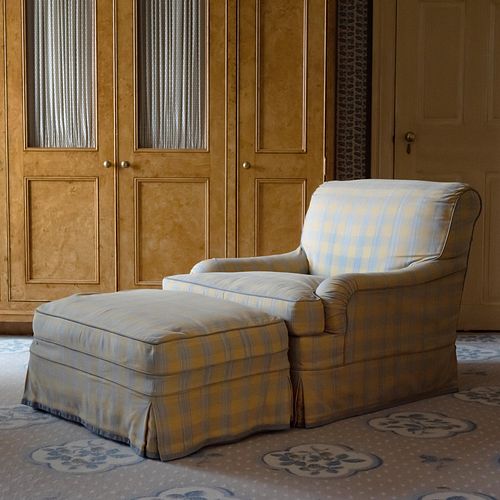 Checkered Upholstered Club Chair and Ottoman