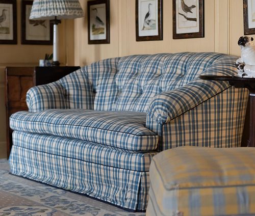 Blue and White Checkered Linen Tufted Loveseat