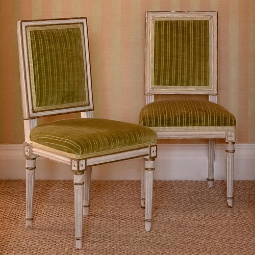 Pair of Diminutive Louis XVI Style Painted and Parcel-Gilt Chaises