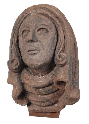 Carved Stone Bust of Robed Saint