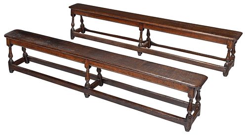 Two Early English Style Oak Long Benches