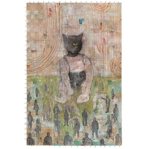ORLANDO DÍAZ, Niño gato, Sin firma, Acrílico, tintas, lápiz, letras adhesivas y encausto industrial sobre madera, 91.5 x 61.5 cm