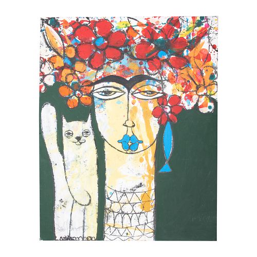 JUAN JOSÉ PÉREZ DIAZ-MARRERO. Mujer con flores II. Mixta sobre papel. Firmado y fechado 2022. 76 x 56 cm