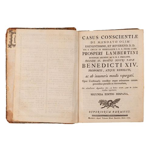 Lambertini, Prosperi. Casus Conscientiae de Mandato Olim. Benedecti XIV. Matriti: Apud Viudam Elisaei Sanchez, 1770.