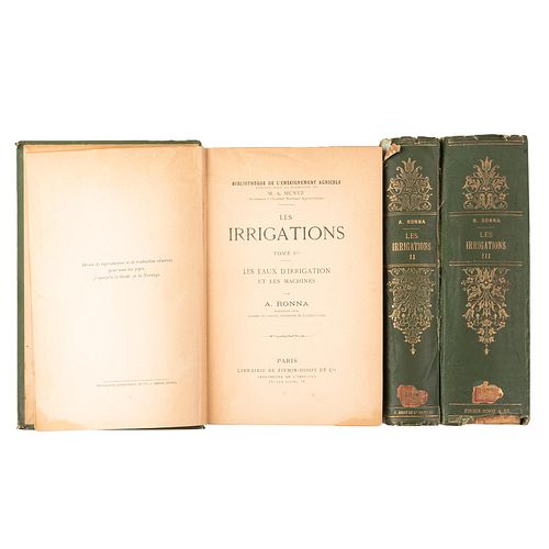 Ronna, Antoine. Les Irrigations. Paris: Librairie de Firmin Didot, 1888 - 1890. Tomo I - III. Ilustrados. Piezas: 3.