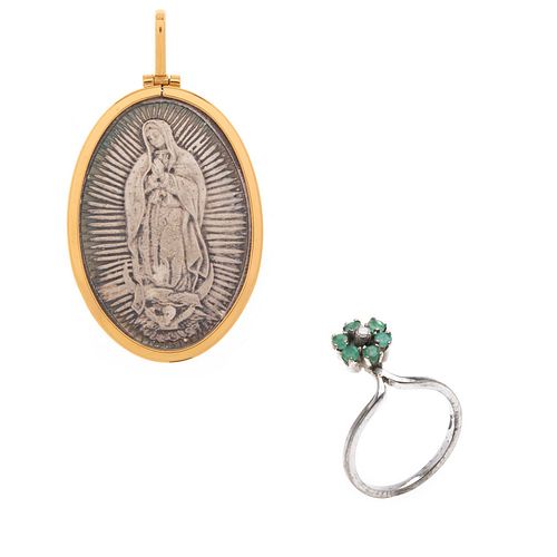 Medalla y anillo con esmeraldas en plata .925 y plata paladio. Imagen de Virgen de Guadalupey Divino Rostro. Peso: