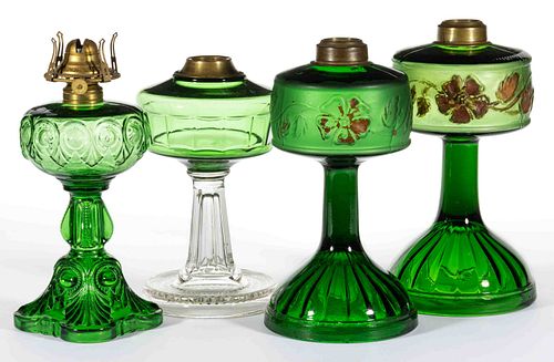 ASSORTED PATTERN GLASS KEROSENE STAND LAMPS, LOT OF FOUR
