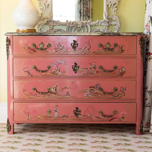 Regence Style Gilt-Bronze Mounted Pink Lacquer and Parcel-Gilt Commode
