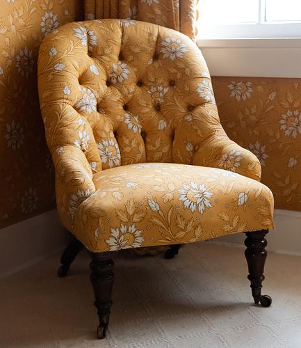 Victorian Style Mahogany Tufted Upholstered Slipper Chair