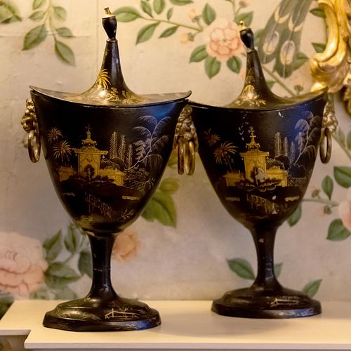 Pair of English Black Painted and Parcel-Gilt Metal Covered Urns