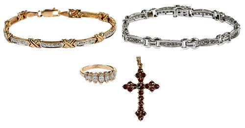 Marquise Diamond Ring, Two Diamond Bracelets, and Garnet Cross Pendant