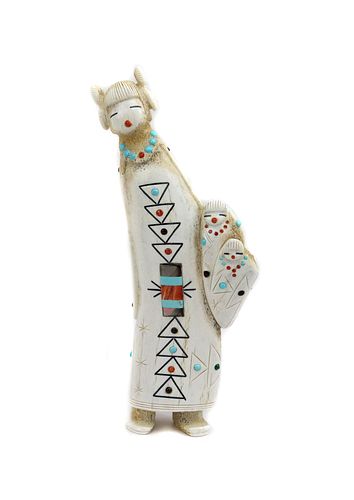 NO RESERVE - Troy Sice - Zuni Antler Kachina Fetish with Turquoise, Coral, and Mother of Pearl Inlay c. 2000, 7" x 2.5" x 1.5" (M91914C-0223-016)