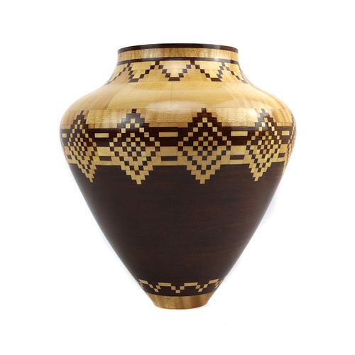 NO RESERVE - Kazi Studio - Wooden Inlay Vase c. 1990-2000s, 10" x 9" (M91914C-0223-018)