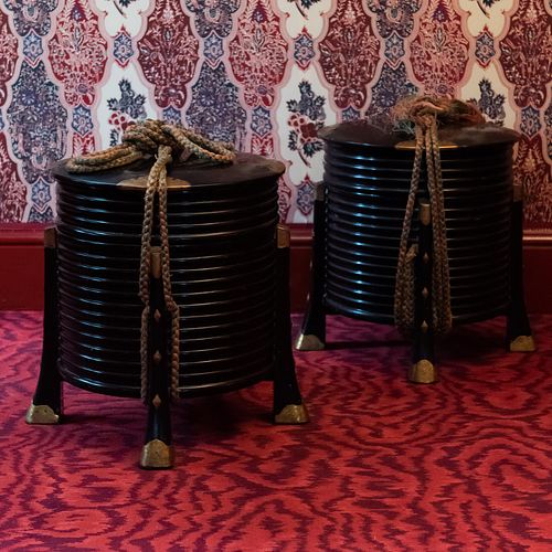 Pair of Japanese Lacquer Drum Form Boxes and Covers
