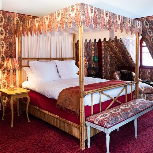 Four Poster Bamboo and Printed Cotton Canopy Bed