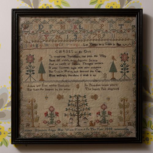 Group of Five English Samplers, One Signed by Elizabeth Ingle, Aged 10 and Elizabeth Riggs, 1808 Depicting Adam and Eve