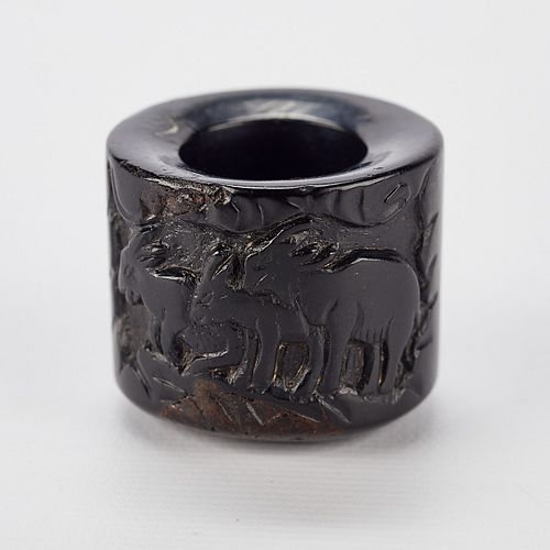 Chinese Carved Wood Archery Ring w/ Rams