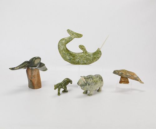 5 Inuit Carved Green Stone Animal Figurines