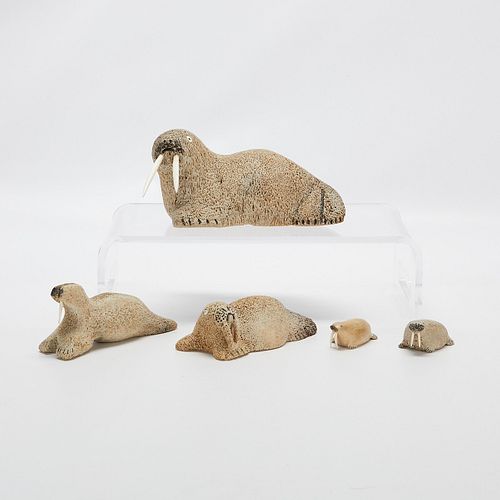 Group of 5 Inuit Carved Bone Walruses